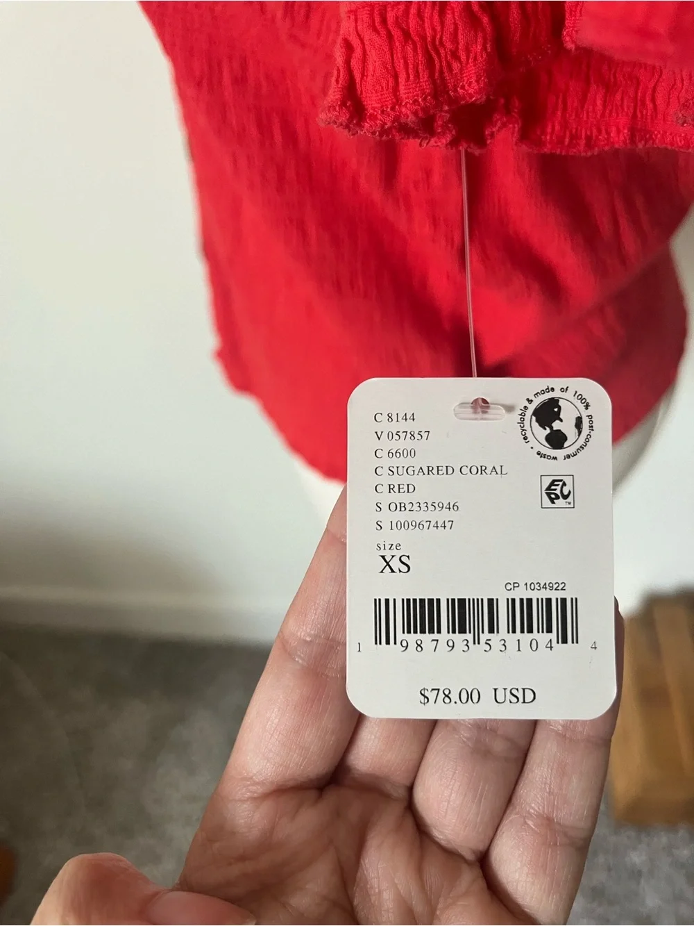 Free People 97% Cotton, Coral Short Sleeve Blouse with Peter Pan Collar
